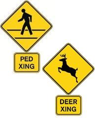 Two yellow diamond signs: Ped Xing and Deer Xing.