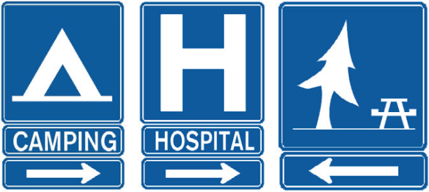Three blue, vertical rectangular signs: Camping to the left; Hospital to the left; picnicking to the right.