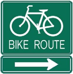 Green rectangular sign, Bike Route to the right