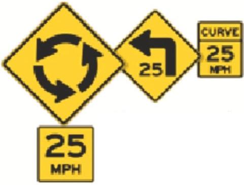 Three road signs: Roundabout 25 MPH, sharp left turn 25 MPH, and Curve 25 MPH.