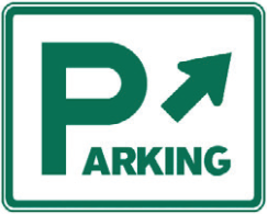White rectangular sign with green text, Parking to the right
