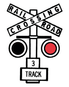 Railroad crossing, 3 track sign with red and black flashing lights. 