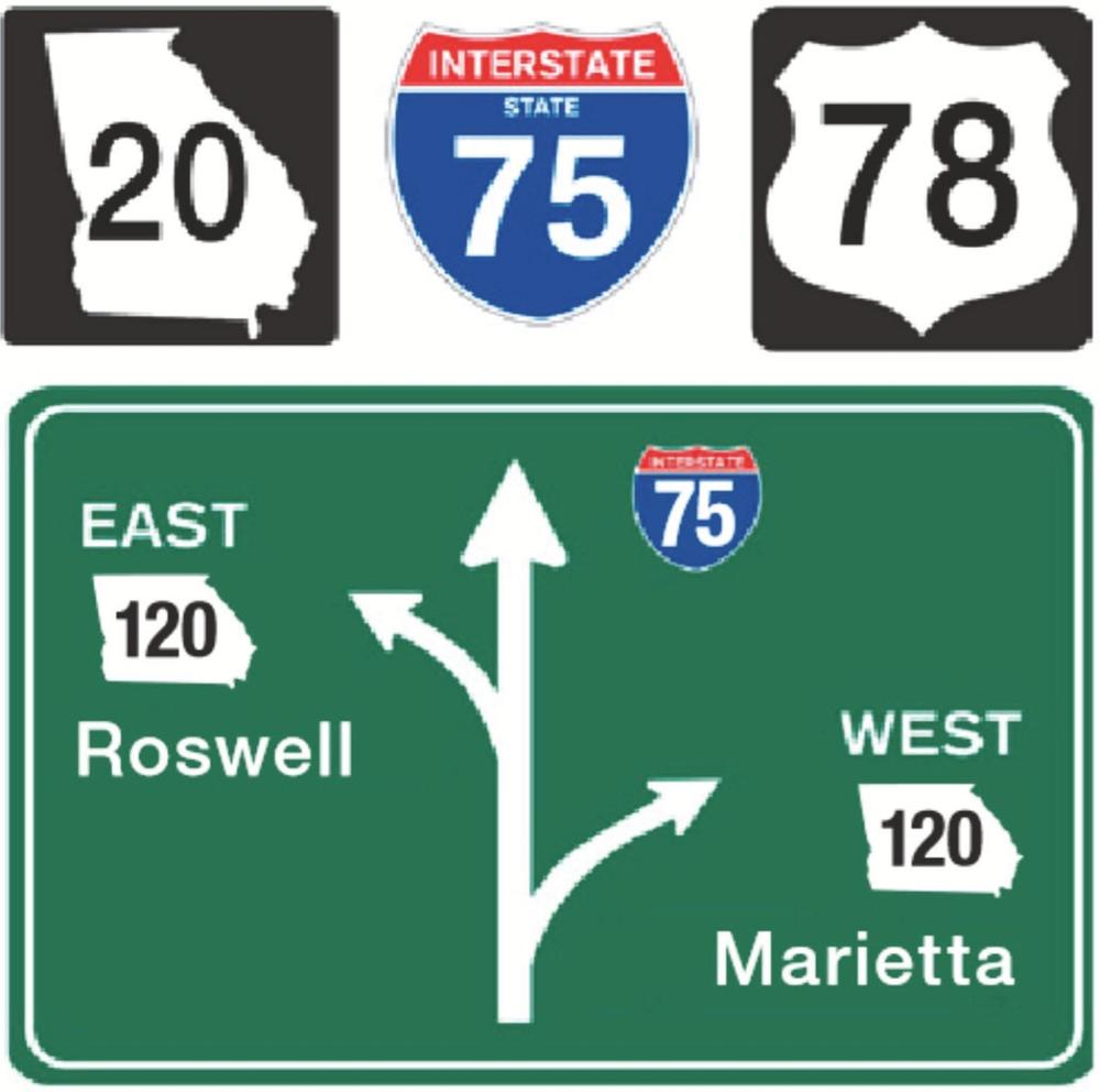 Four road signs marking interstate or highway 20, 75, 78, 120 East Roswell and 120 West Marietta