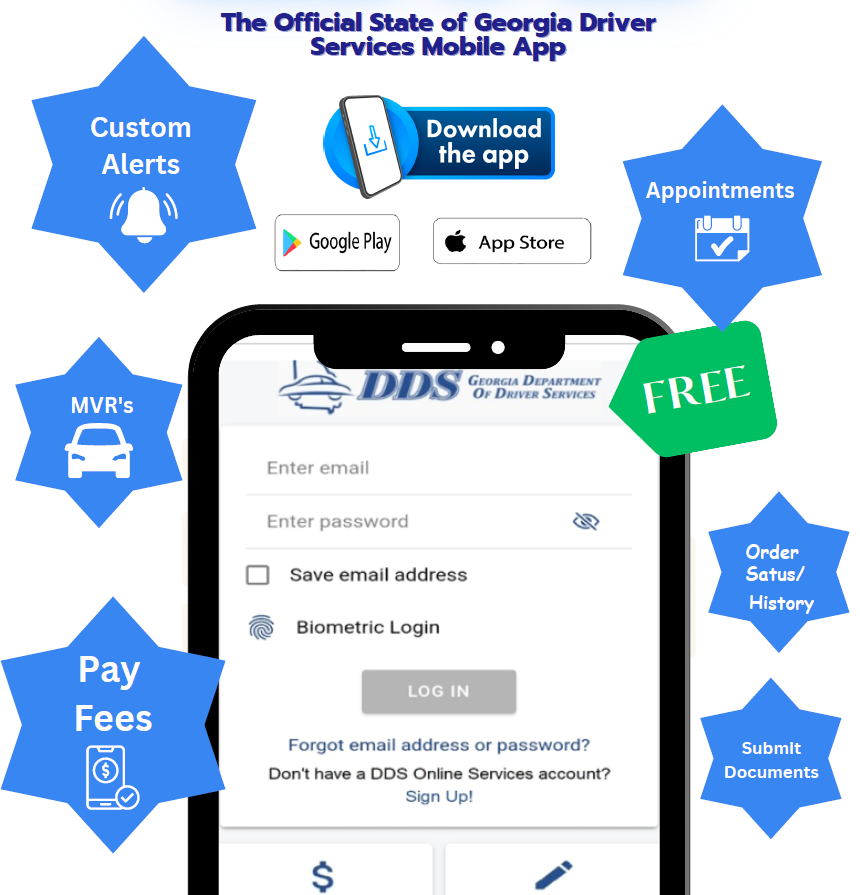 Free, custom alerts, MVR's, appointments, order status and history, submit documents and pay fees, available on Apple and Android