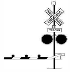 Gates appear across the road, with "Rail road" and "Crossing" in an X formation, with "3 tracks underneath, and flashing lights below