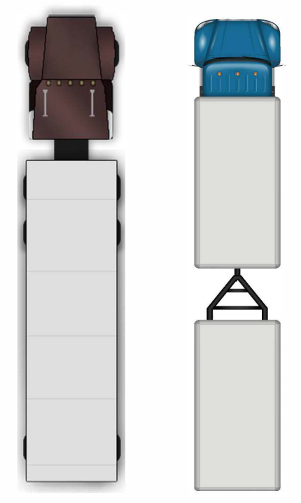 Two types of trucks - one with one trailer and the other with two trailers attached to each other