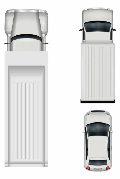 Two trucks - one large truck and the other medium sized and a car