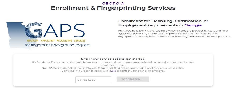 A screenshot of the Georgia Enrollment & Fingerprinting Services website page.