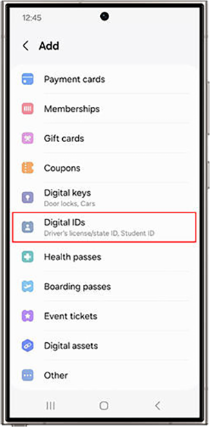 Screenshot of a Samsung Phone on step one of adding your Digital Driver's License and ID to your Samsung wallet where you go to the wallet and select "Add ID"