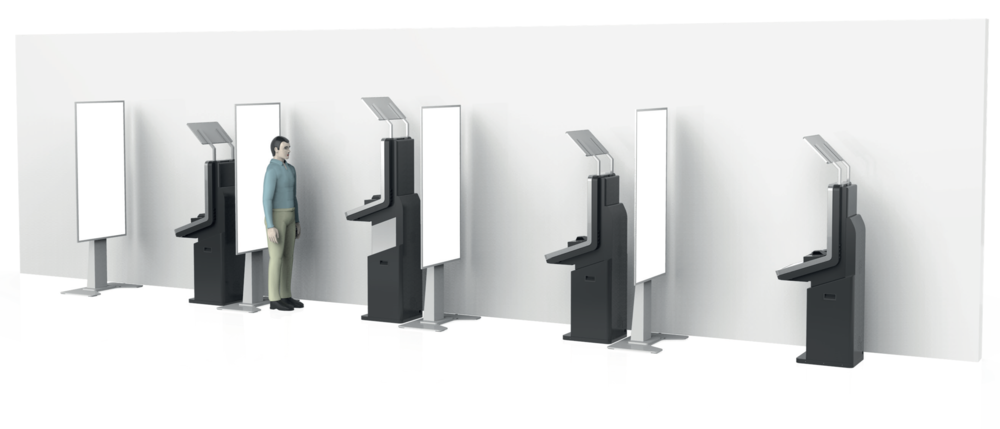 A wide image showing multiple Customer Service Kiosks that allow the user to identify themselves, take photos, and perform licensing updates from within the customer service center without having to go to the counter.