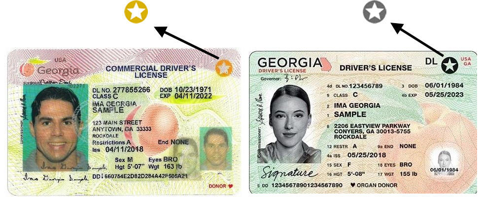 Two example Georgia Driver's License & IDs showing the location of either the black star or gold star for Real ID compliance.