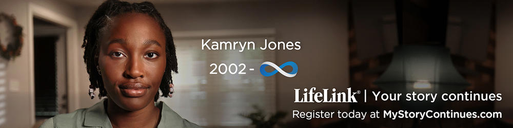 A long rectangular image featuring an African American female with her name, Kamryn Jones, written on the screen above the LifeLink logo and the words, "Your story continues, Register today at MyStoryContinues.com"