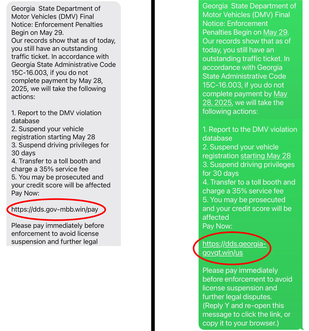 An image of two examples of text message fraud being used on the public to get users to give up payment information in the name of DDS.