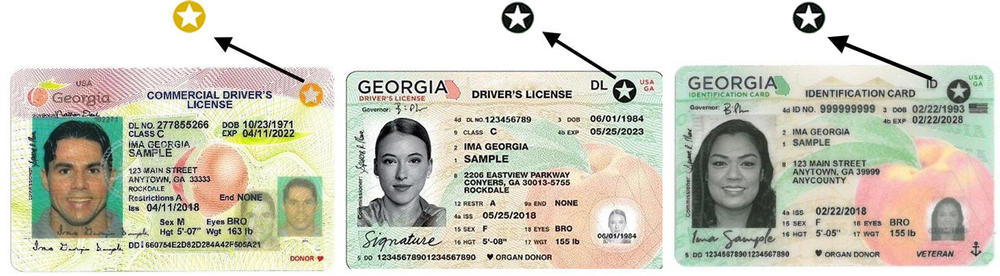 Three examples Georgia Driver's License & IDs showing the location of either the black star or gold star for Real ID compliance.