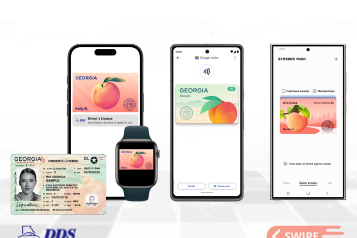 An iphone, apple watch, google android, and samsung phone displaying their Digital Driver's License and ID behind a picture of a real ID.
