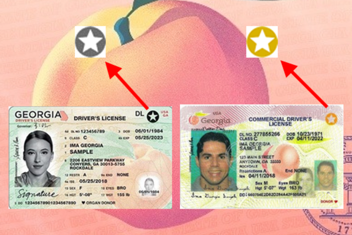 Two example Georgia Driver's License and ID's that display either a black star or a gold star in the upper right-hand corner.