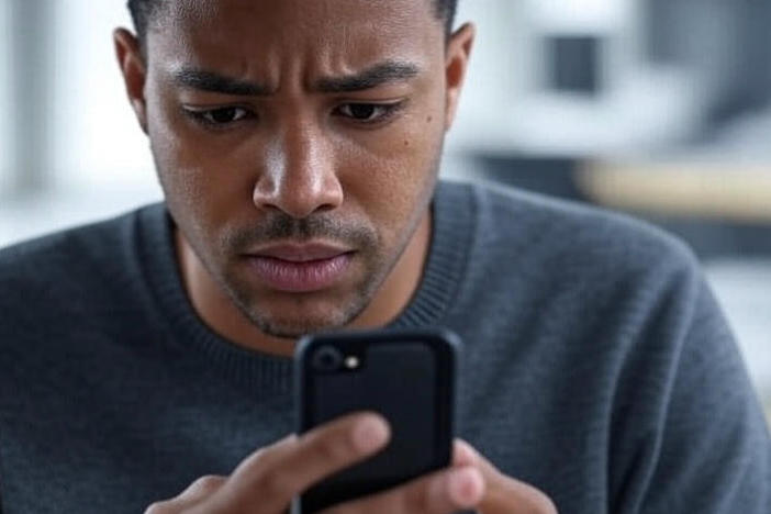 An African American male staring at his cell phone worried.