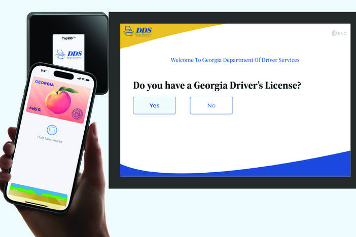 Three screens shown with examples of the Georgia Digital License & ID displayed along with an example of the kiosks found in the DDS customer service centers.