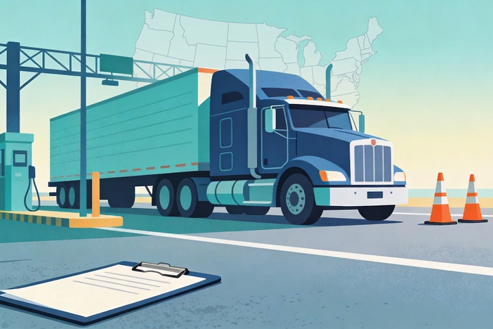 An animated image of a large 18-wheeled truck and trailer parked at a station with a clipboard laying on the ground nearby and a backdrop of the United States map in the background.