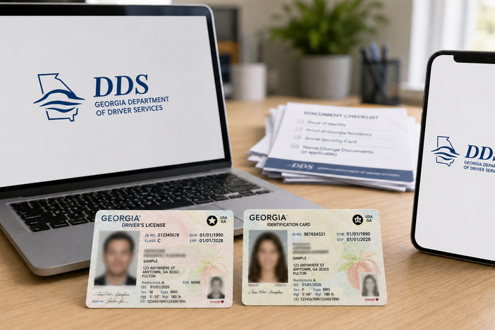 Two Georgia Licenses sitting on a table in front of a Laptop and a Phone displaying the GA DDS logo.