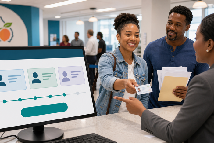 People presenting their existing License, ID, or Permit to a DDS employee who sits behind a counter with a computer on the desk.