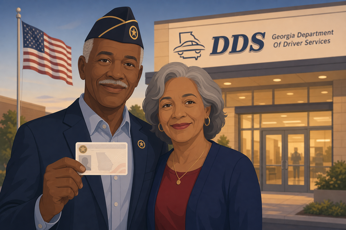 A military veteran and his wife showing off her honorary license in front of a GA DDS center.
