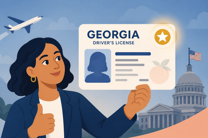 Woman holding a large Georgia Driver's License with a gold star in the upper right hand corner indicating a compliant REAL ID.