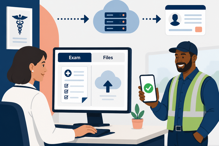 A medical professional helping a CDL driver with submitting their medical exam files to FMCSA.