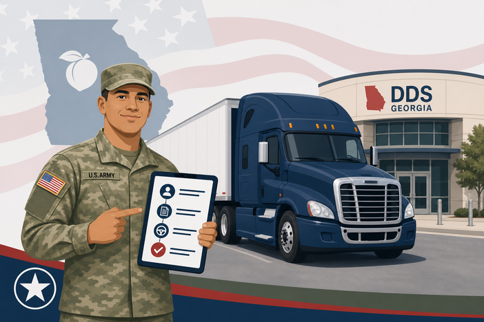 Military service member holding a clipboard and standing in front of a commercial truck and a DDS building.