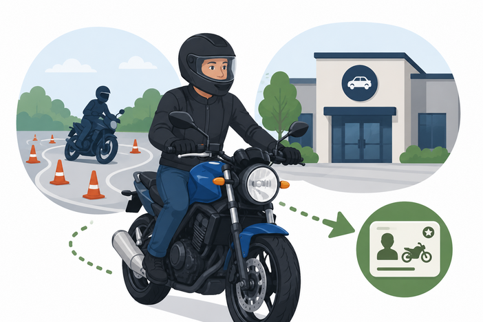 A person driving a motorcycle on a course practicing and testing to get his motorcycle license.