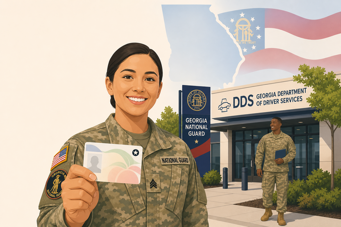 A female National Guard member showing a Georgia License while standing in front of a DDS building. A Georgia National Guard sign and another service member stand in the background.