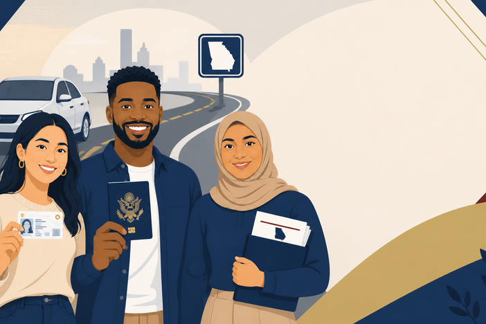 Three individuals standing in front of a road and car holding a drivers license, passport, and documents.