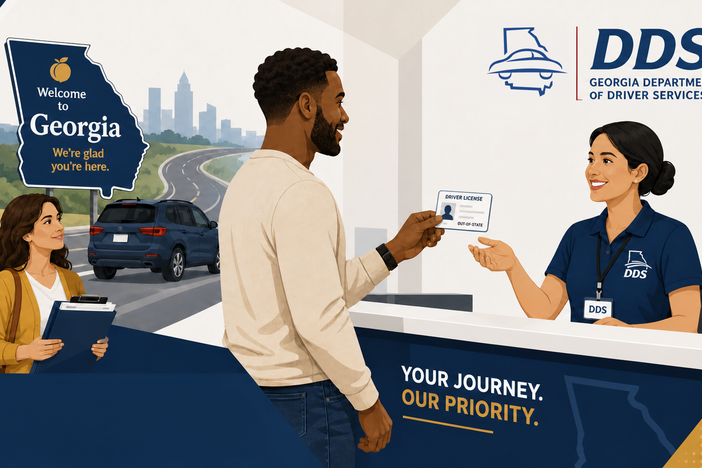 Illustration of a car driving into Atlanta Georgia with an overlay of a man submitting his old license to a DDS employee in exchange for a Georgia license.