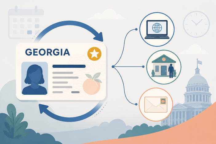GA REAL ID Licenses can be renewed online or in person and then mailed to you directly.