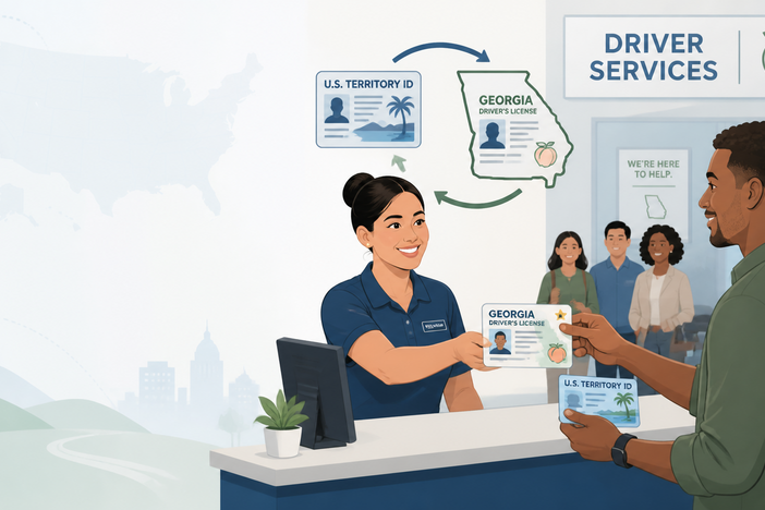 Graphic of a DDS employee handing a new Georgia license to someone who is turning in their US Territory license.