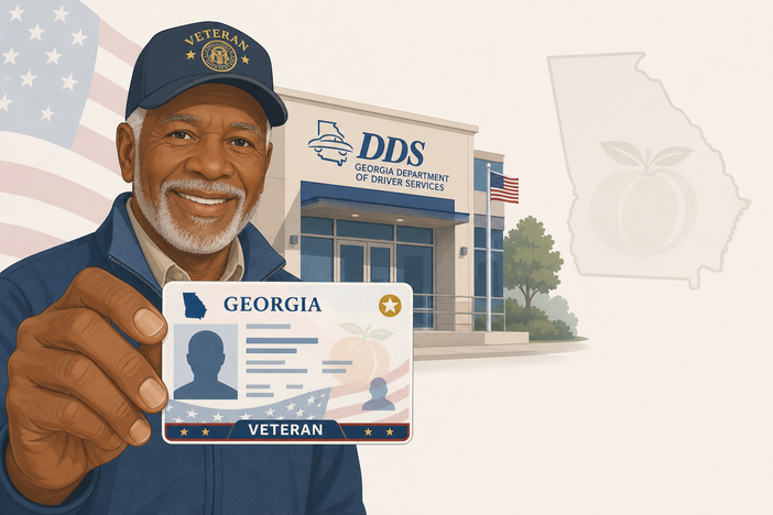 United States veteran showing off his veteran license in front of a DDS building.
